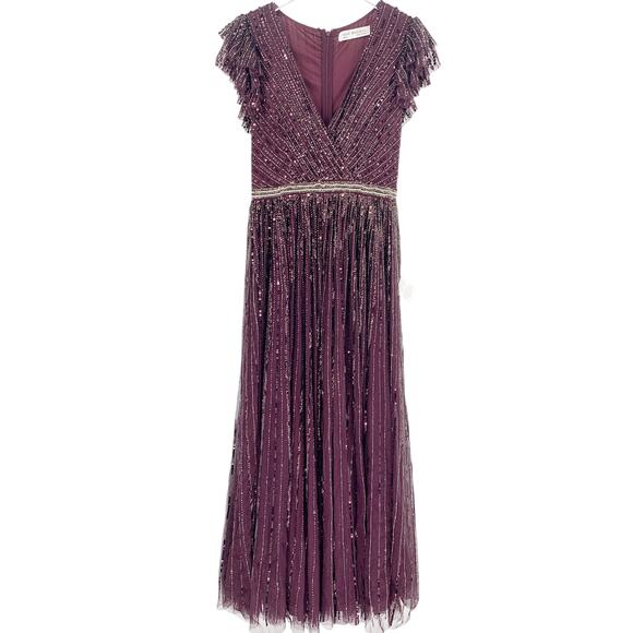 MAC DUGGAL Dress Size 8 Evening Gown Sequin NEW V Neck Deep Purple Ruffle Slv - Picture 3 of 8